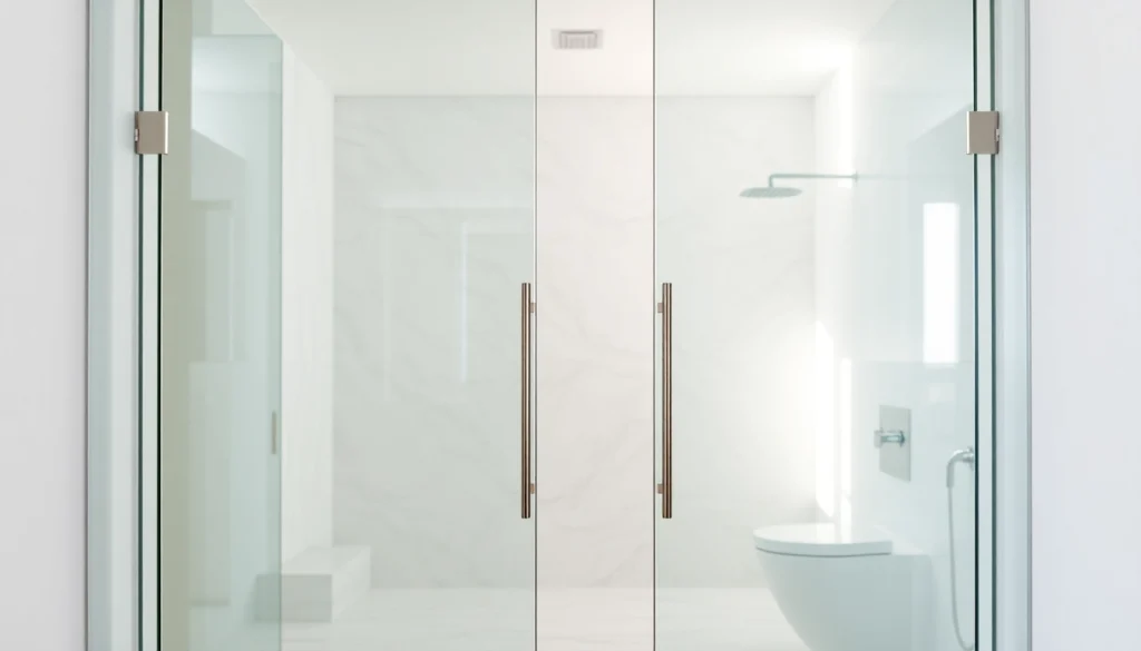 Showcasing elegant glass shower doors highlighting sophisticated bathroom design.