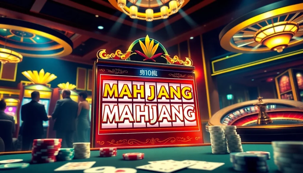 Playing a slot demo mahjong at an upscale casino, with vibrant colors and lively atmosphere.