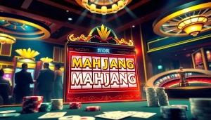 Playing a slot demo mahjong at an upscale casino, with vibrant colors and lively atmosphere.