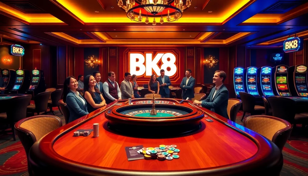 Exciting casino scene featuring BK8 branding with poker and slot games.