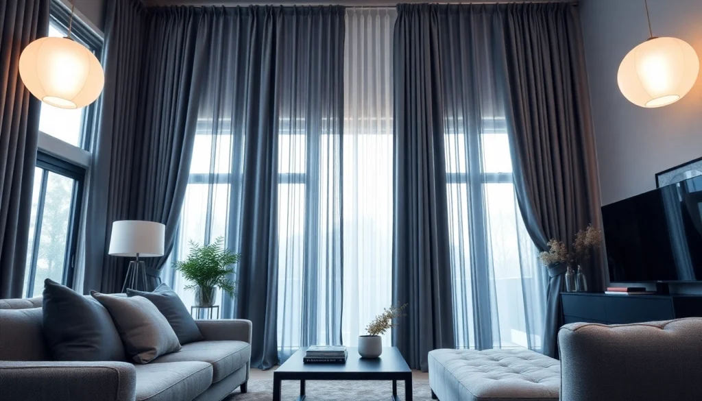 Verduisterende gordijnen in een moderne woonkamer creëren een gezellige sfeer.
