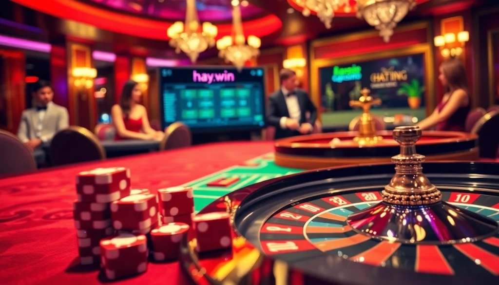 Experience excitement at the hay.win casino with poker chips and a roulette wheel.