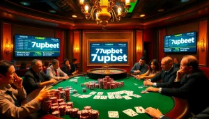Exciting poker action at a casino table featuring 7upbet branding and vibrant betting atmosphere.