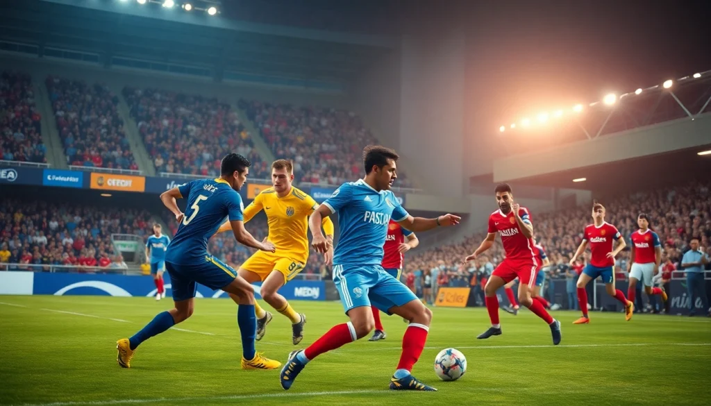 Live soccer match showcasing intense action with the keyword ผลบอลล่าสุด prominently captured.