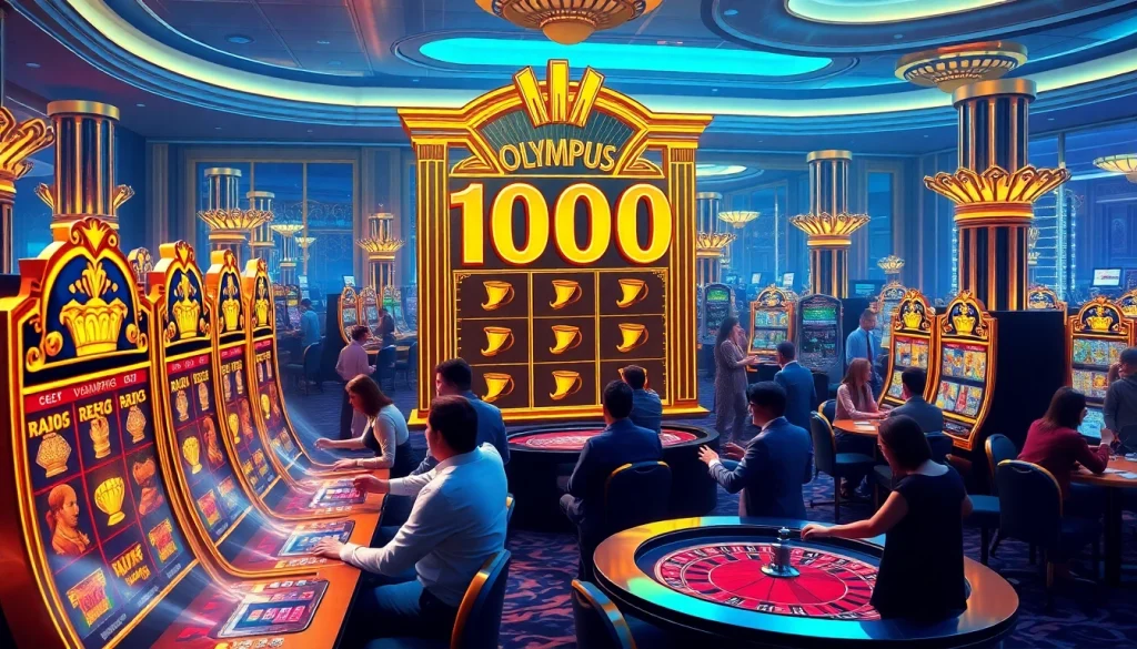 Pemain beraksi di mesin slot Olympus 1000 dalam suasana kasino mewah.