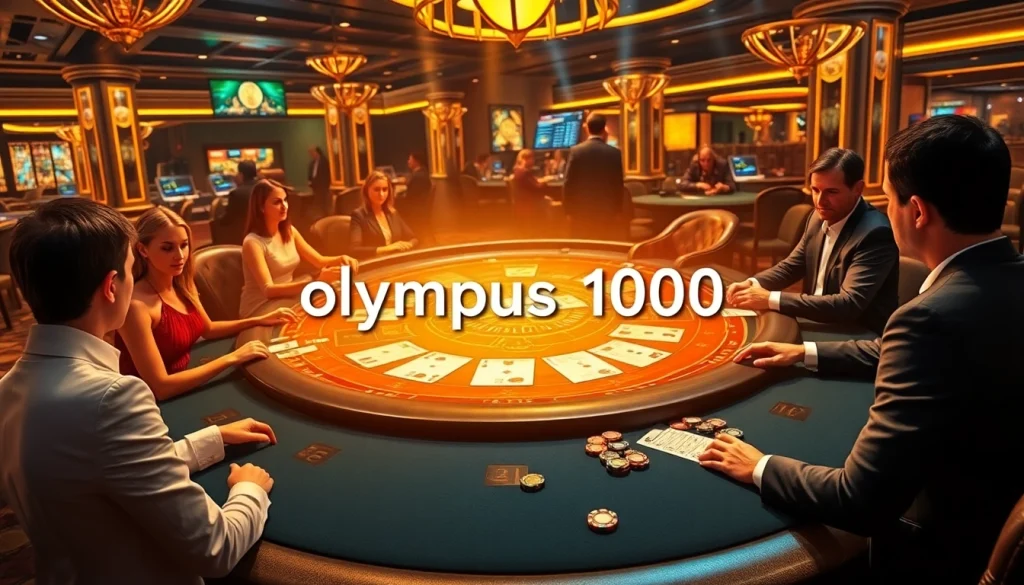 Bet players engaged in a high-stakes game featuring olympus 1000 symbols and vibrant casino décor.