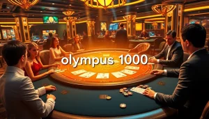 Bet players engaged in a high-stakes game featuring olympus 1000 symbols and vibrant casino décor.