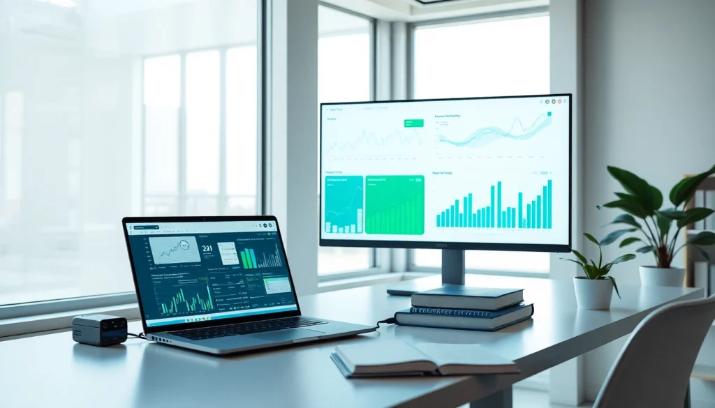 Infosec-themed modern workspace with laptop and financial charts.