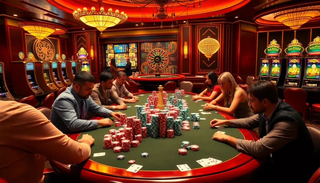 Experience the exhilarating 'slot demo mahjong' action at our vibrant poker table, with players immersed in the game.