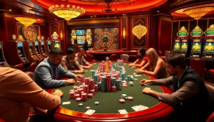 Experience the exhilarating 'slot demo mahjong' action at our vibrant poker table, with players immersed in the game.