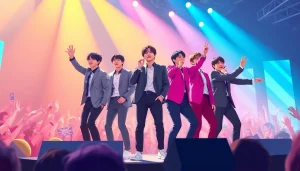 BTS news highlights dynamic concert moments with vibrant energy and fans cheering.