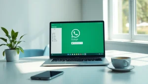 现代工作空间中笔记本电脑上的 WhatsApp网页版界面，展示消息发送与位置共享功能。