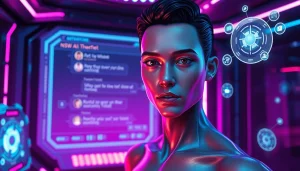Futuristic NSFW AI character in interactive chat scene with sleek high-tech interface.