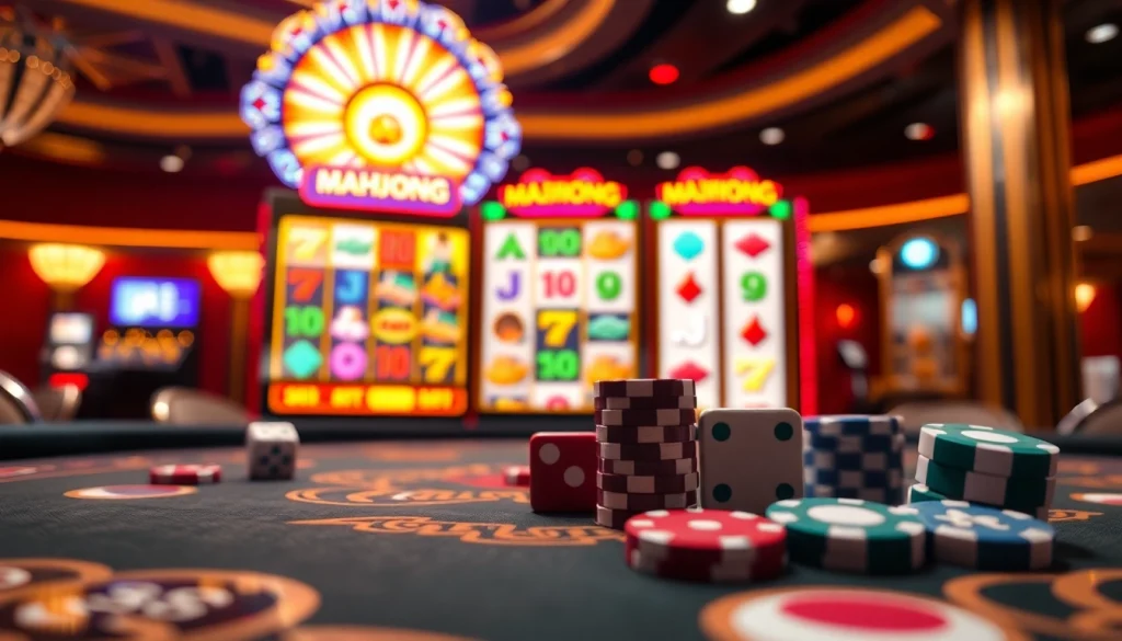 Putar mesin slot demo Mahjong yang penuh warna, dikelilingi elemen kasino yang mendebarkan.