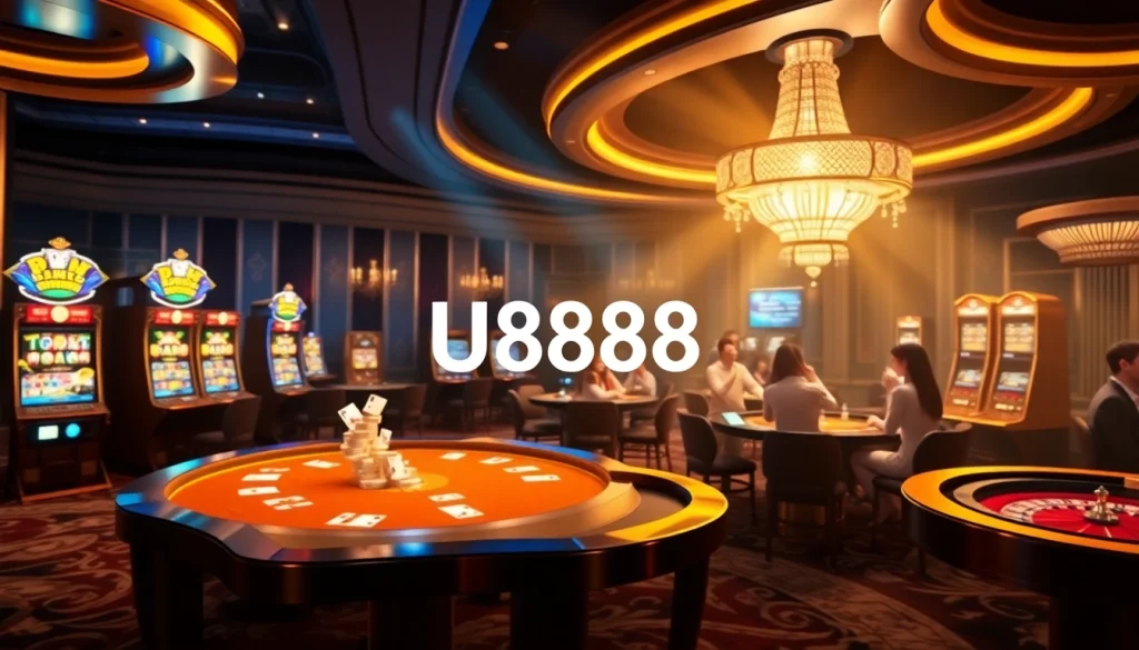 Engaging online casino scene featuring U8888 logo, highlighting excitement and luxury in gambling.