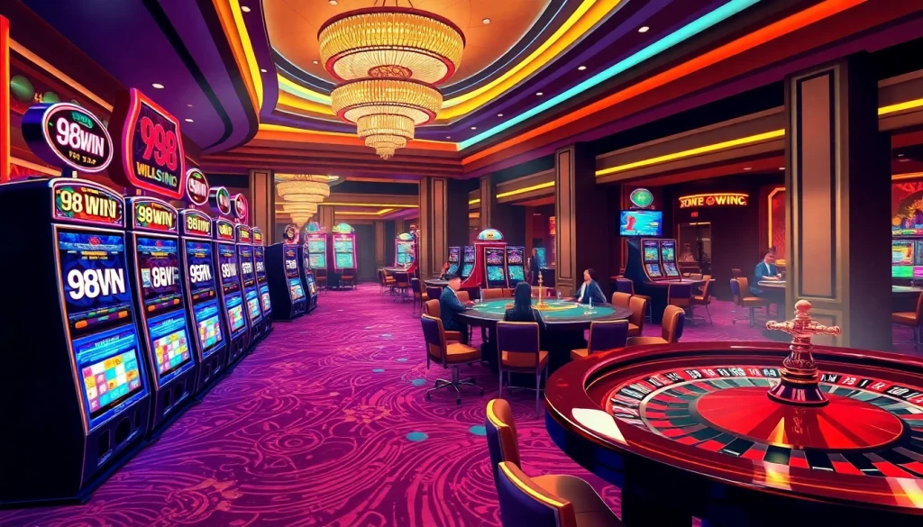 Play and win at 98WIN casino with exciting slot machines and vibrant gaming atmosphere.