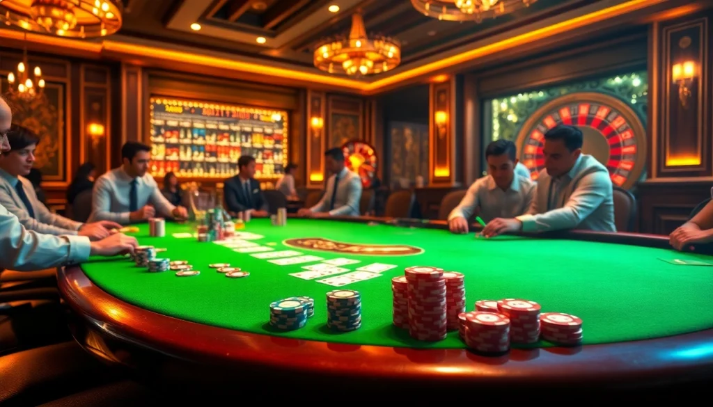 Intense poker action at a vibrant casino table showcasing hidden wiki official strategies for better odds.