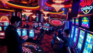 Menggugah pemain dalam adegan kasino yang dinamis yang menampilkan mesin slot depo 5rb dan permainan yang mendebarkan.