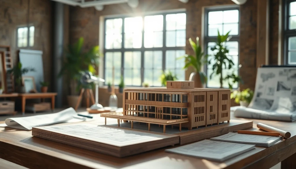 Architekturmodellbau Braunschweig mit detailliertem Gebäudemodell in einem modernen Designstudio.