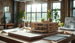 Architekturmodellbau Braunschweig mit detailliertem Gebäudemodell in einem modernen Designstudio.