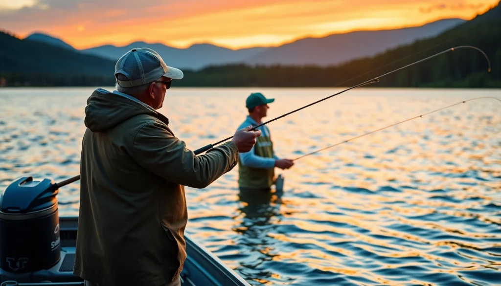 Engaging fly fishing lessons near me with instructor providing guidance on serene lake.