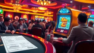 Players enjoying a vibrant slot machine with 'slot depo 5rb' banner in a luxurious casino setting.