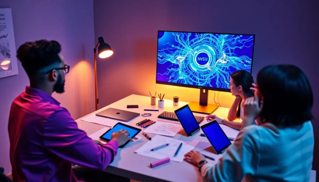 Dynamic creative workspace with users exploring ai nsfw platforms, showcasing innovative digital art.