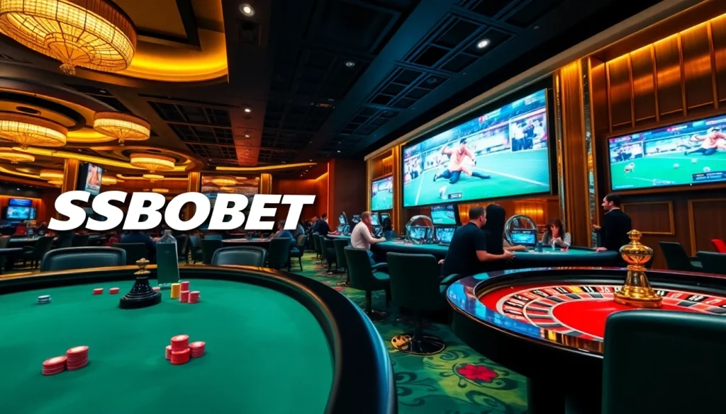 SBOBET login access on a vibrant poker table amidst a luxury casino atmosphere.