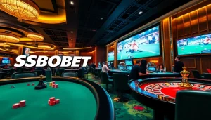 SBOBET login access on a vibrant poker table amidst a luxury casino atmosphere.