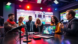 Dynamic scene of sports broadcasting professionals preparing for a live show, highlighting Sports Broadcasting activities.