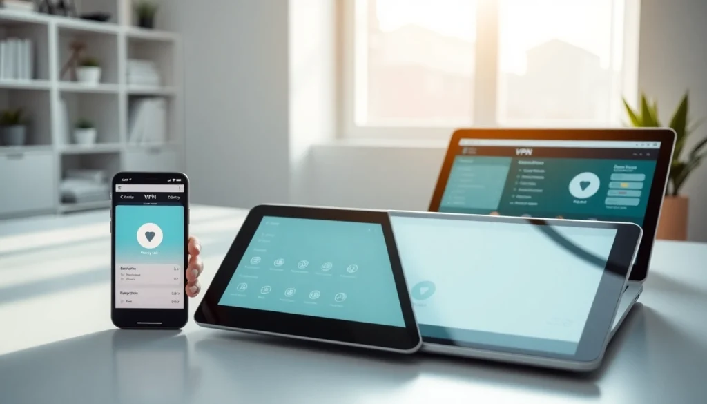 明亮工作区中，智能手机、平板和笔记本上的快连VPN应用界面