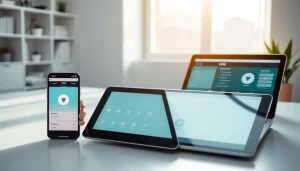 明亮工作区中，智能手机、平板和笔记本上的快连VPN应用界面