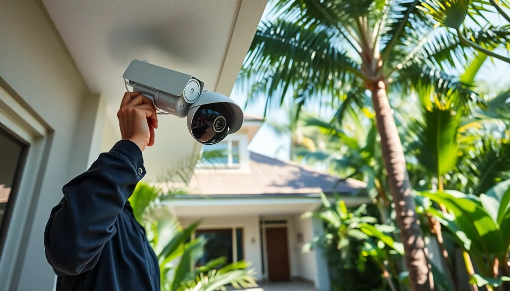 Cámaras de seguridad en Liberia: técnico instalando cámaras de seguridad avanzadas en una casa moderna en Costa Rica.