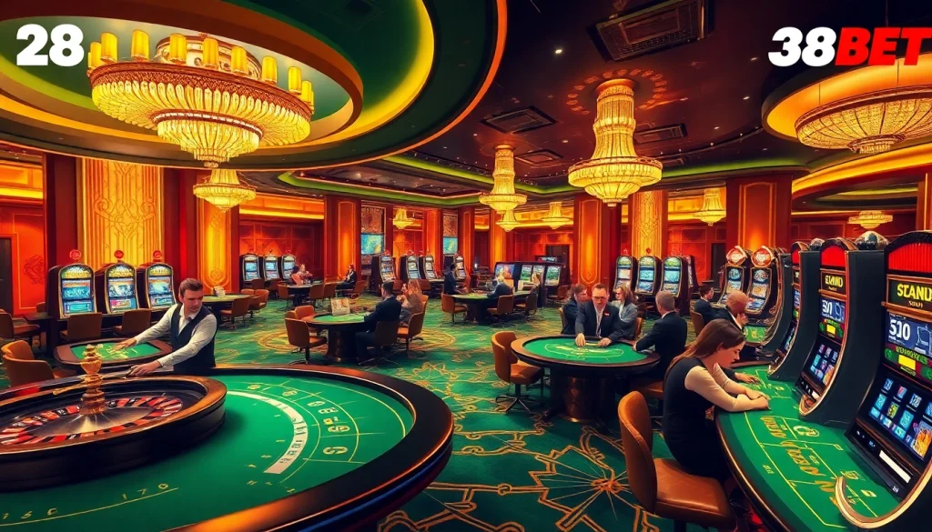 Engaging scene of casino excitement at 28BET with vibrant gaming tables and players winning.