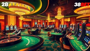 Engaging scene of casino excitement at 28BET with vibrant gaming tables and players winning.