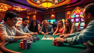 Jeu de poker excitant dans un 'casino en ligne fiable' montrant des joueurs, des jetons et des cartes.