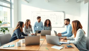 Engaged professionals strategizing around laptops at the agencia hubspot.