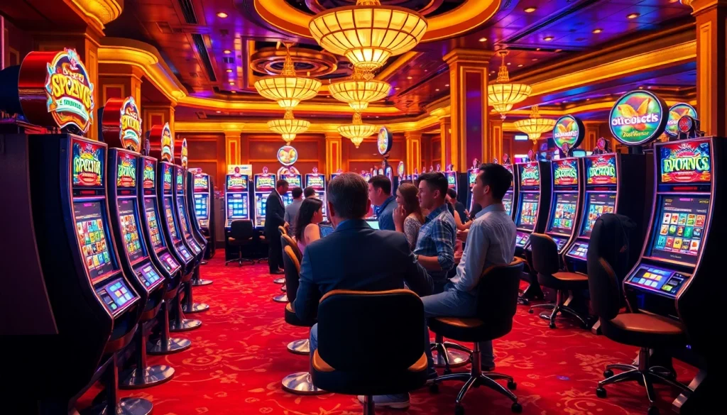 Excited gamblers spinning the reels on vibrant slot machines at a luxurious casino.