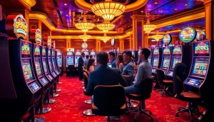 Excited gamblers spinning the reels on vibrant slot machines at a luxurious casino.
