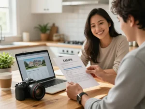 We buy houses for cash process with happy homeowner reviewing offer at kitchen table in cozy setting.