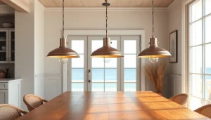 Showcasing island light fixtures beautifully illuminating a rustic dining space.