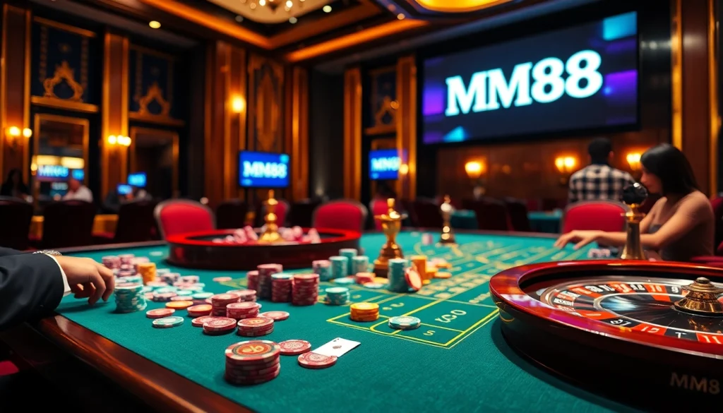 Players strategizing at a vibrant casino table with the MM88 logo in the background.