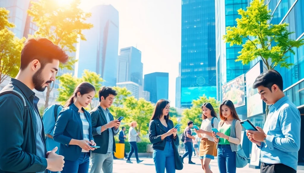 Wizualizacja lokalne AI w miejskim otoczeniu z ludźmi korzystającymi z technologii.