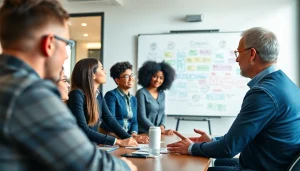 Leadership development coach facilitating a dynamic group discussion in a modern office space.