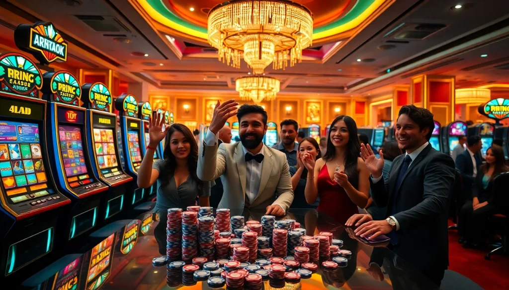 Pemain Aneka4D menikmati momen seru pada mesin slot yang berwarna-warni di kasino mewah.