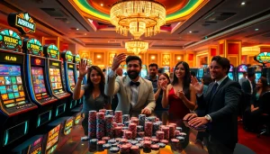 Pemain Aneka4D menikmati momen seru pada mesin slot yang berwarna-warni di kasino mewah.