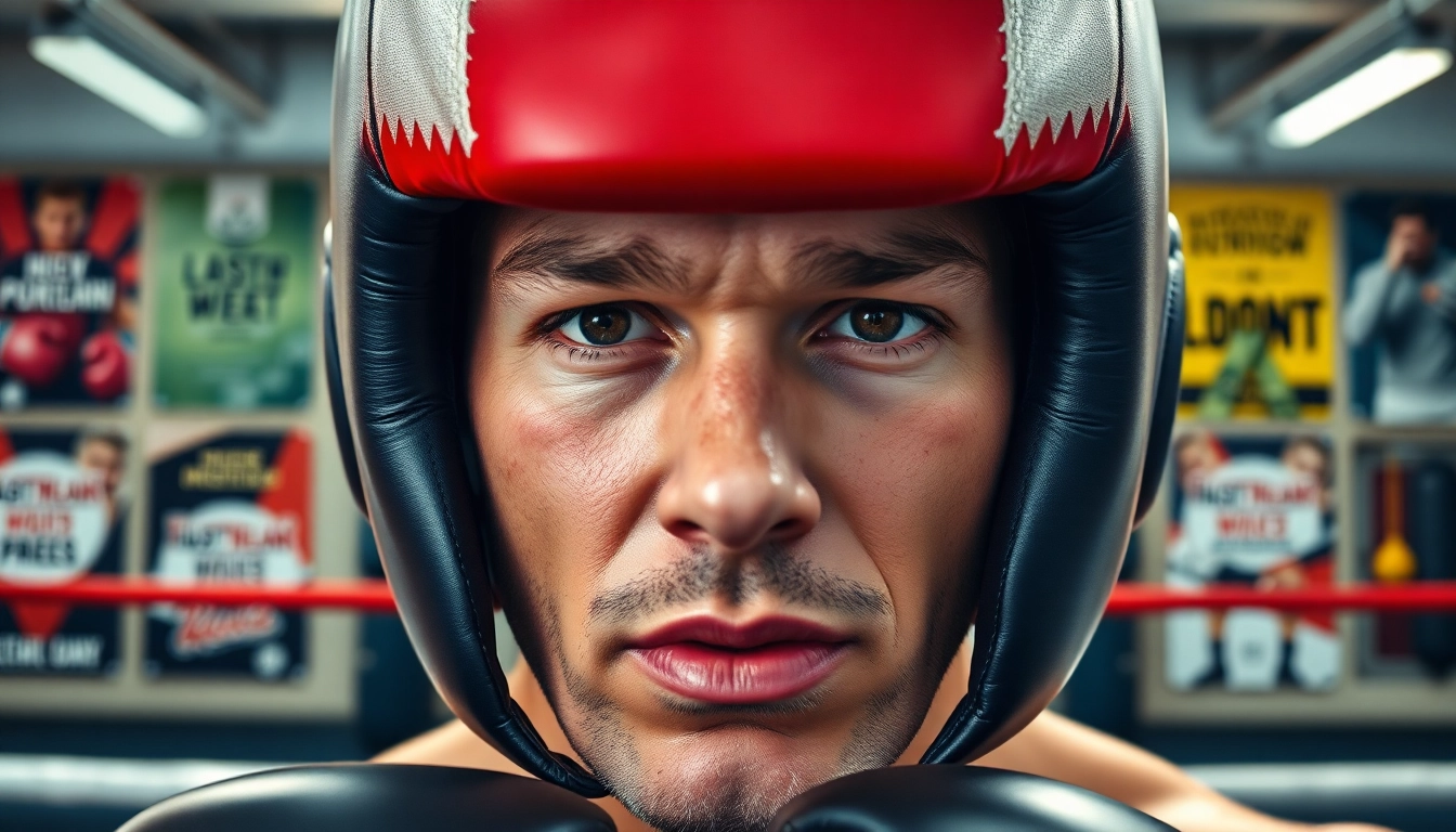 Kopfschutz Boxen wird von einem Athleten im Training getragen, fokussiert und energiegeladen.