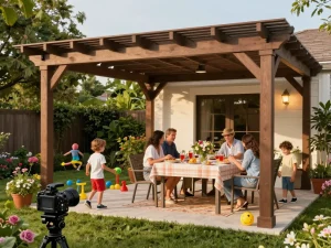 Family gathering under a customizable online pergola configurator, enjoying a sunny day outdoors.