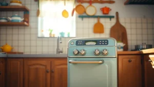 Create delicious meals with this vibrant Retro Oven in a charming kitchen.