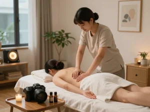 전문가가 개인 맞춤 케어를 제공하는 평화로운 가정 환경에서의 출장마사지 세션.